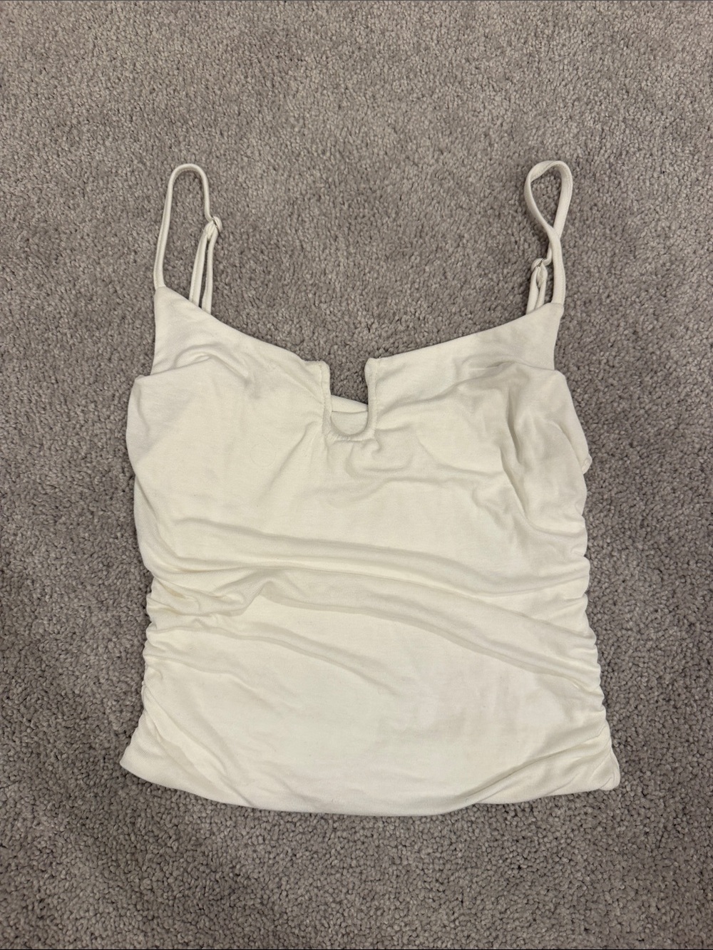 Beige Botany White Spaghetti Strap Ruched Cami Tank Top, Size small